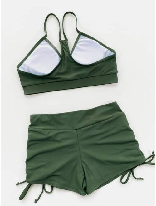 Shein Plain Ruched Drawstring Shorts Bikini Swimsuit