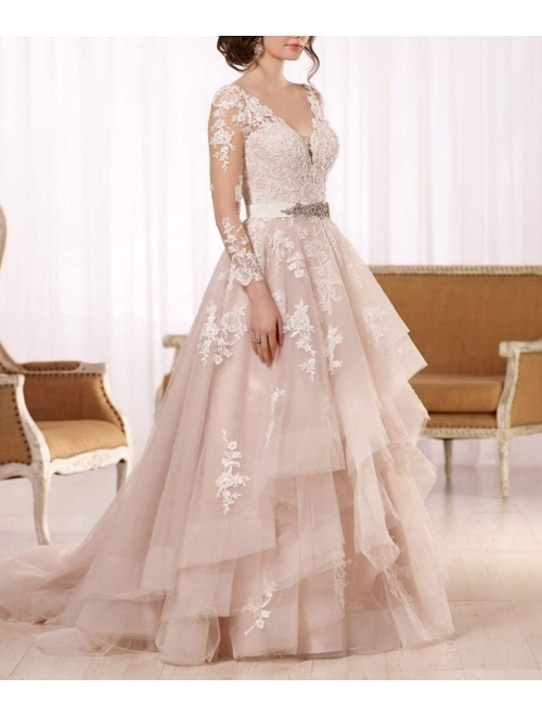 Awishwill See Through Long Sleeve Applique Wedding Dresses Double V Neck Ruffled Organza Bridal Dress for Bride