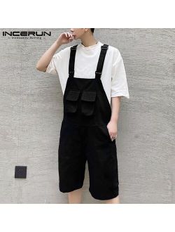 Men Bib Rompers Pockets 2021 Solid Color Casual Jumpsuits Men Streetwear Loose Fashion Suspenders Cargo Overalls INCERUN S-5XL