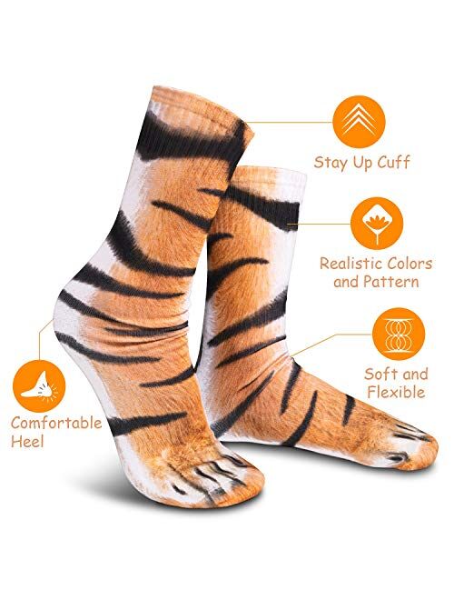 6 Pairs 3D Animal Paws Socks Novelty Animal Socks 3D Printed Cat Tiger Dog Paw Crew Socks for Adults and Kids