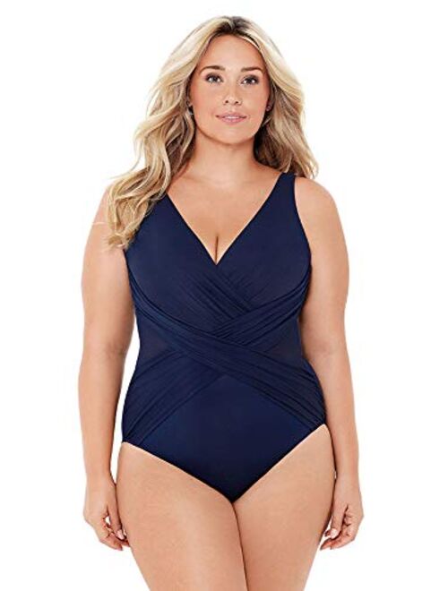 Miraclesuit Women's Swimwear Plus Size Illusionist Crossover Tummy Control V-Neckline Soft Cups One Piece Swimsuit