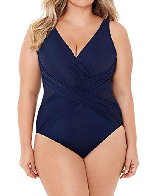 Miraclesuit Women's Swimwear Plus Size Illusionist Crossover Tummy Control V-Neckline Soft Cups One Piece Swimsuit
