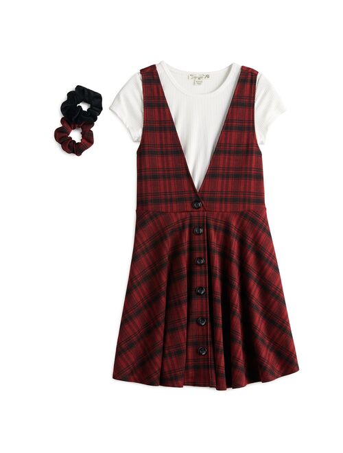 Girls 4-16 Knit Works Button Front Jumper Dress, Short Sleeve Top & Scrunchies Set in Regular & Plus Sizes