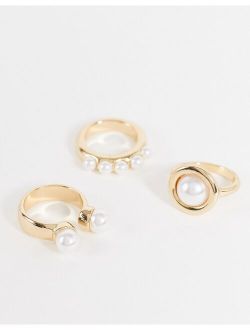 3-pack rings with pearls in gold tone