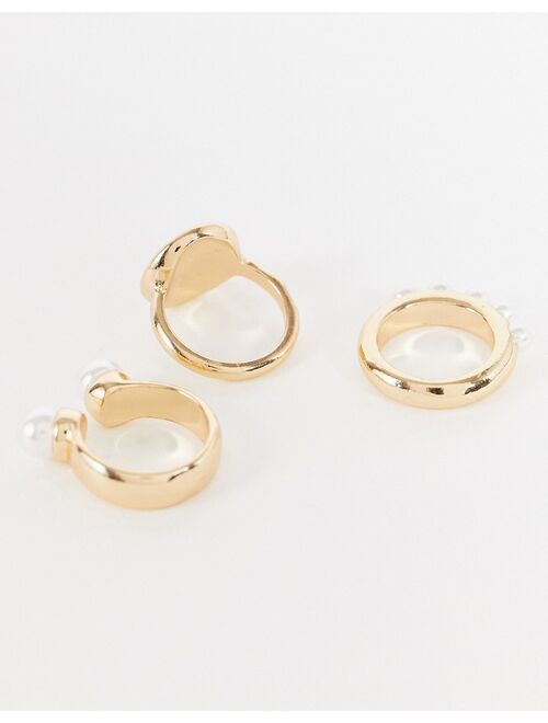 Asos Design 3-pack rings with pearls in gold tone