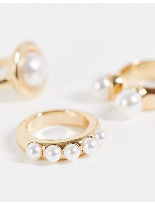 Asos Design 3-pack rings with pearls in gold tone