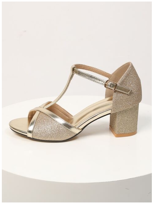 Shein Metallic Detail Chunky Heeled Glitter Ankle Strap Sandals