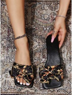 Chain Print Bow Decor Slide Sandals