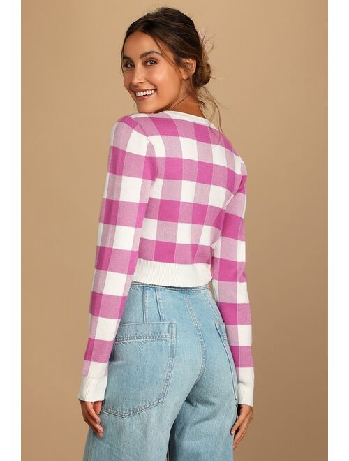 Lulus Check This Out Magenta Gingham Cropped Pullover Sweater