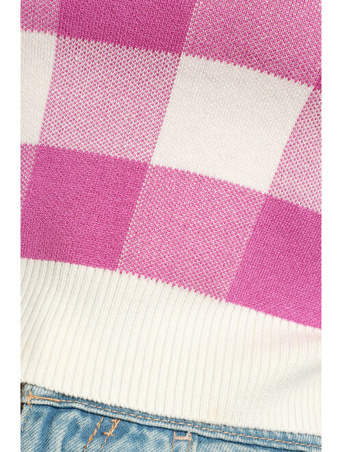 Lulus Check This Out Magenta Gingham Cropped Pullover Sweater
