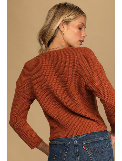 Lulus Say Something Sweet Brown Knit Tie-Front Sweater