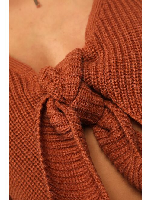 Lulus Say Something Sweet Brown Knit Tie-Front Sweater