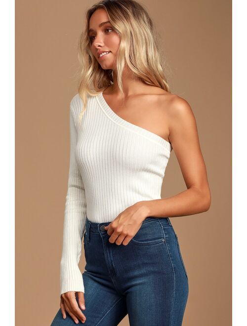 Lulus New Love White Ribbed One-Shoulder Sweater Top