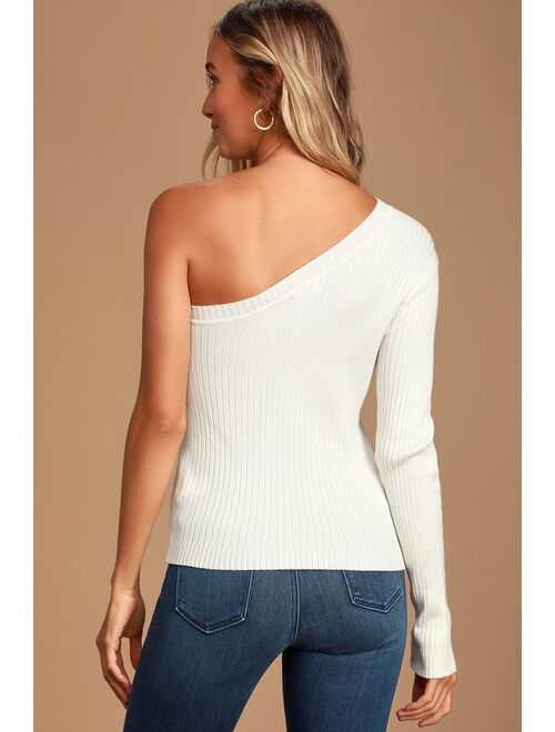 Lulus New Love White Ribbed One-Shoulder Sweater Top