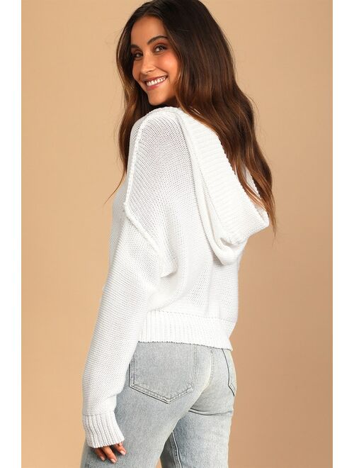 Lulus Cozy to Me White Knit Hooded Pullover Sweater