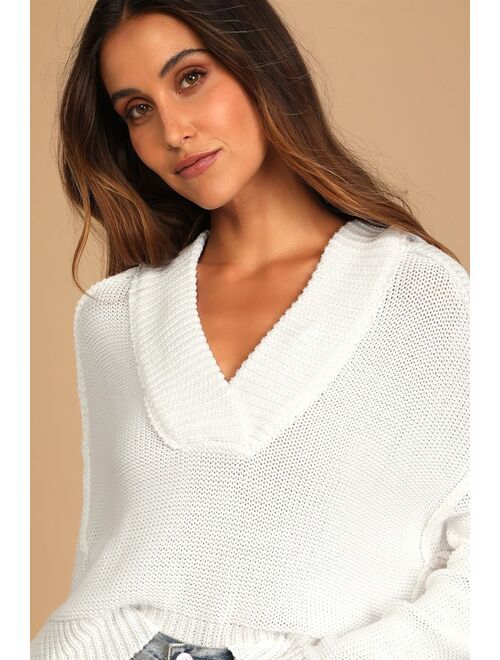 Lulus Cozy to Me White Knit Hooded Pullover Sweater