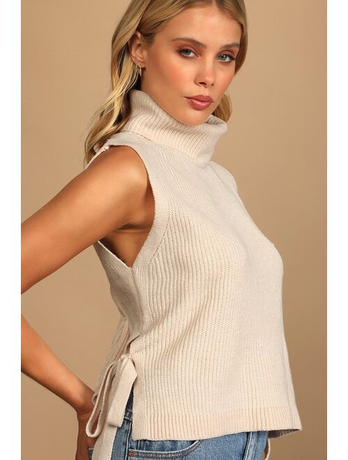 Lulus Chic Expectations Cream Ribbed Turtleneck Side-Tie Sweater Top