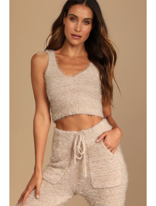 Lulus Road to Cozy Taupe Fuzzy Cropped Tank Top