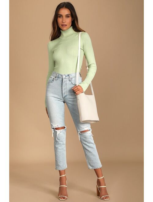 Lulus Chic Observations Light Green Ribbed Turtleneck Sweater Top