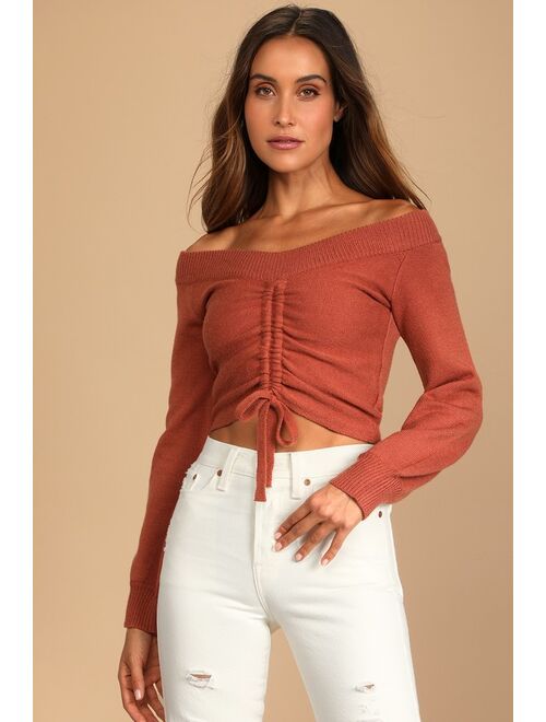 Lulus Snuggling Season Rust Brown Ruched Off-the-Shoulder Sweater