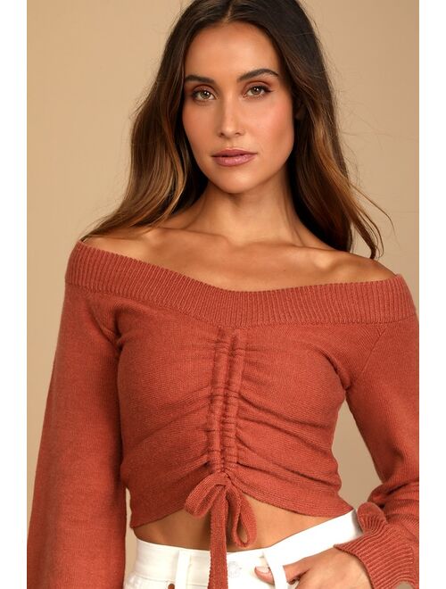 Lulus Snuggling Season Rust Brown Ruched Off-the-Shoulder Sweater