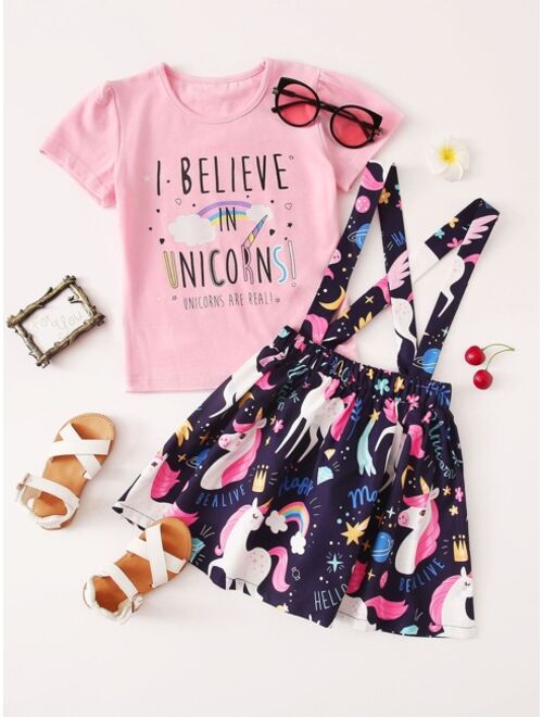 Shein Toddler Girls Slogan Graphic Tee With Cartoon Unicorn Skirt