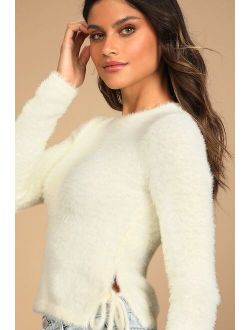 Sweetheart Season Ivory Fuzzy Side-Tie Sweater