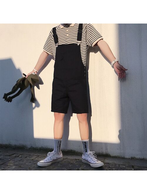 Summer Korean Fashion Short Bib Pants Trend Wild Mens Loose Jumpsuits Youthful Street Style Overalls