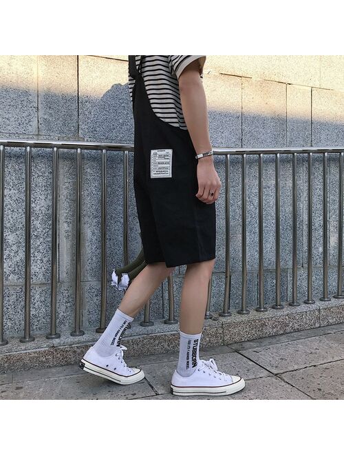 Summer Korean Fashion Short Bib Pants Trend Wild Mens Loose Jumpsuits Youthful Street Style Overalls