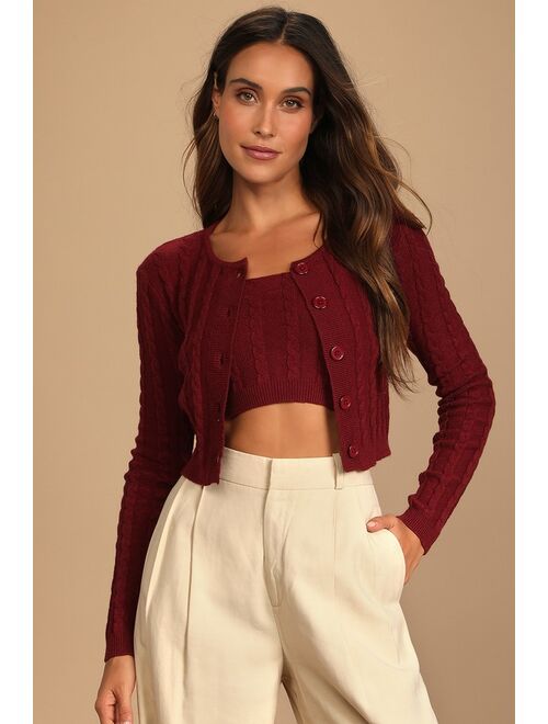 Lulus Warm Affections Burgundy Cable Knit Tube Top and Cardigan Set