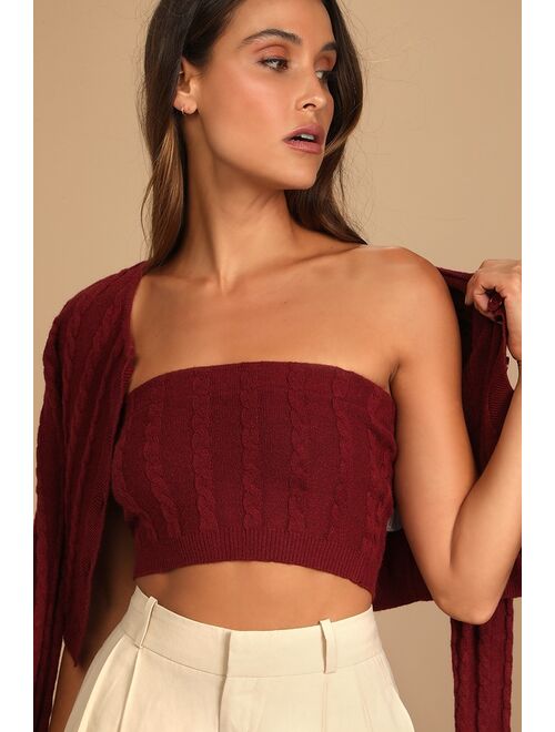 Lulus Warm Affections Burgundy Cable Knit Tube Top and Cardigan Set