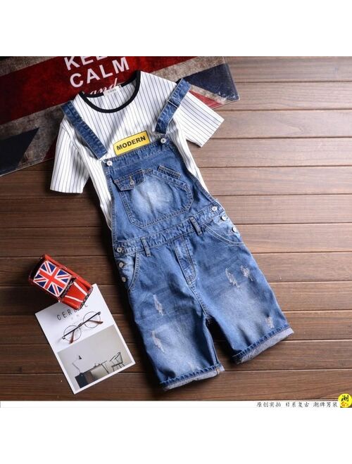 summer denim overalls Male Suspenders Jeans Shorts knee length hole ripped jeans Front Pockets jumpsuits Male Bibs shorts 031501
