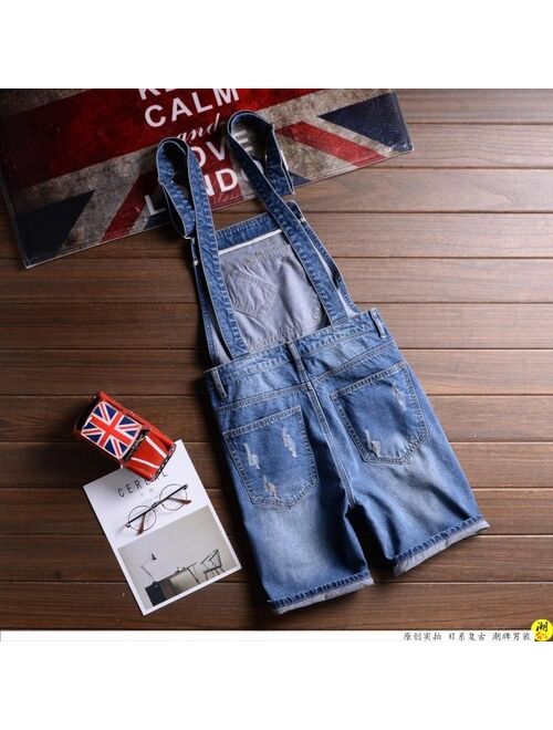 summer denim overalls Male Suspenders Jeans Shorts knee length hole ripped jeans Front Pockets jumpsuits Male Bibs shorts 031501