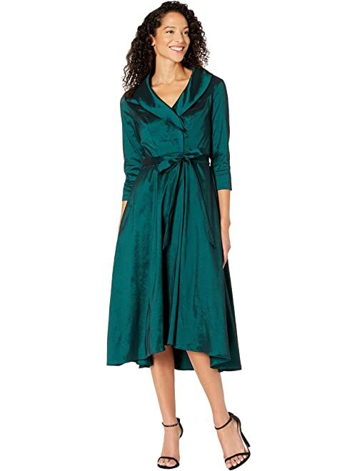 Alex Evenings 3/4 Sleeve Portrait Collar Dress with Full Skirt, Pockets and Tie Belt Detail