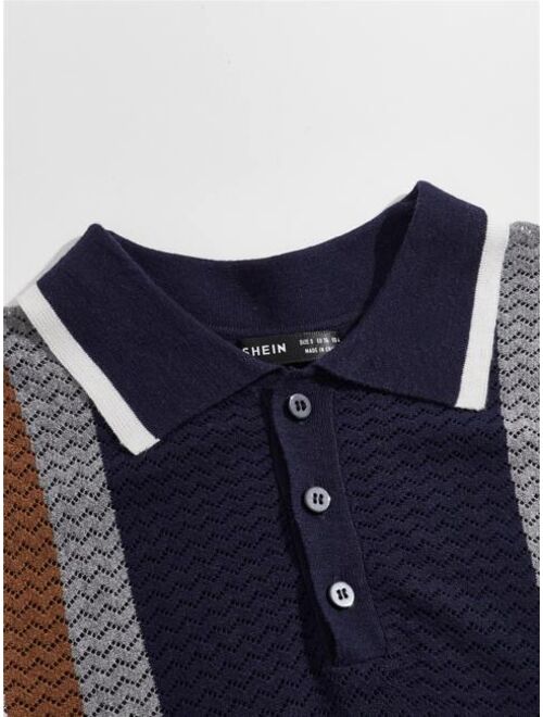 SHEIN Men Striped & Chevron Print Half Button Sweater