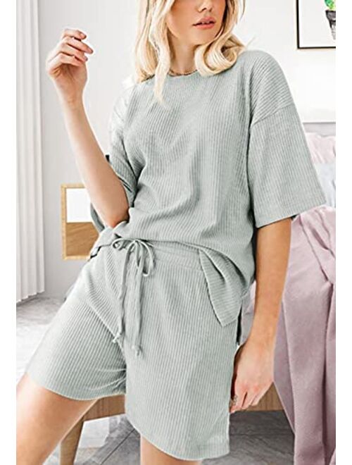 Zattcas Women Ribbed Knit Short Sleeve Top and Shorts/Pants Side Slit Lounge Set