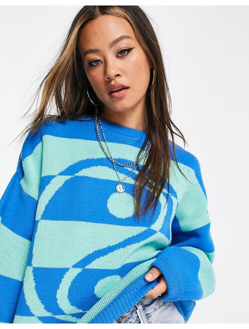 Topshop knitted oversized yin yang sweater in blue
