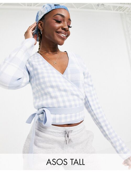 Asos Design Tall knitted wrap top in gingham