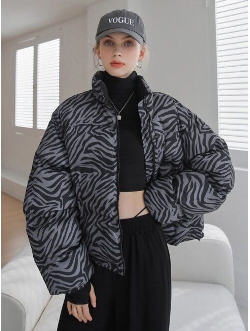 SHEIN COLDBREAK Zebra Striped Zip Up Winter Coat