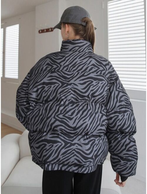 SHEIN COLDBREAK Zebra Striped Zip Up Winter Coat