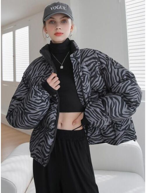 SHEIN COLDBREAK Zebra Striped Zip Up Winter Coat