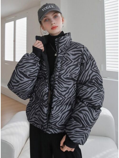 SHEIN COLDBREAK Zebra Striped Zip Up Winter Coat