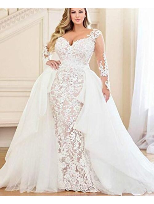 Two Pieces V Neck with Long Sleeves lace Bridal Ball Gown Wedding Dresses for Women Bride Detachable Train Plus Size