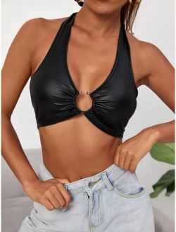 PU Leather O-ring Crop Halter Top