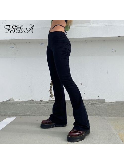 FSDA Black Autumn Winter Long Pants Women 2021 Casual High Waist Cut Out Harajuku Buttoms Design Bandage Trousers Fashion