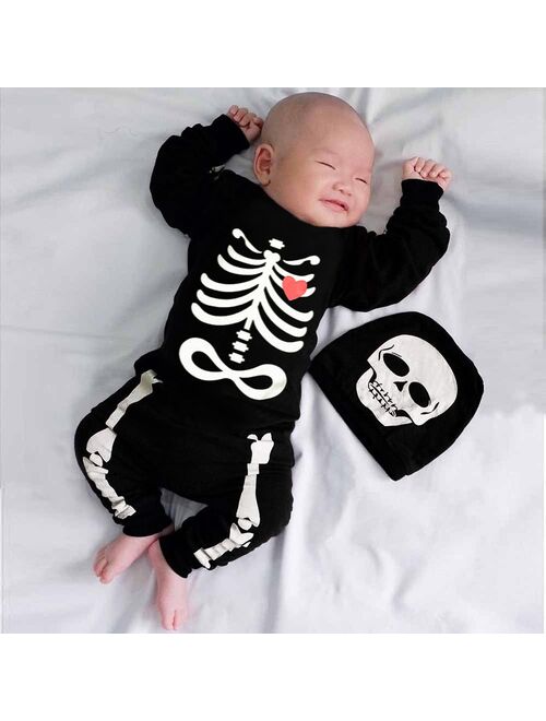 2021 Halloween Baby Set Male Baby Girl Long Sleeve Halloween Print Haberi One Piece + Hat Set  Bone Print Romper Jumpsuit A1