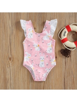 Little Girls One-piece Swimsuit Cartoon Summer Children Cute Bunny Floral Printing Fly Sleeve Swimwear Beachwear