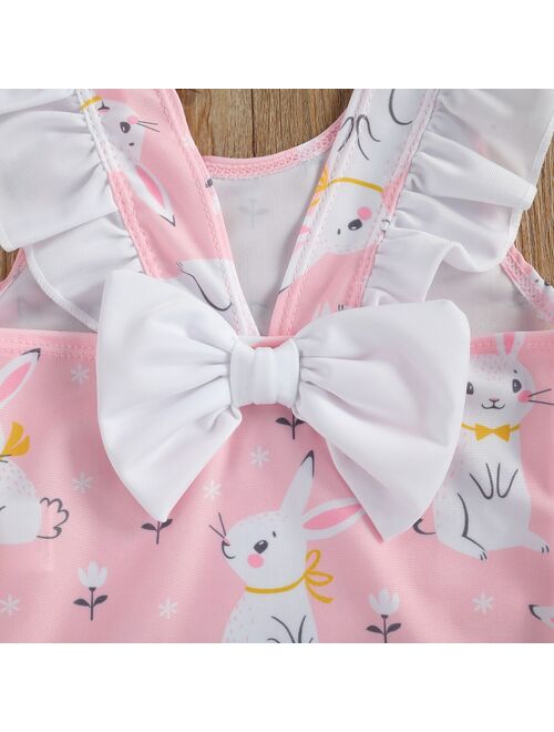 Little Girls One-piece Swimsuit Cartoon Summer Children Cute Bunny Floral Printing Fly Sleeve Swimwear Beachwear