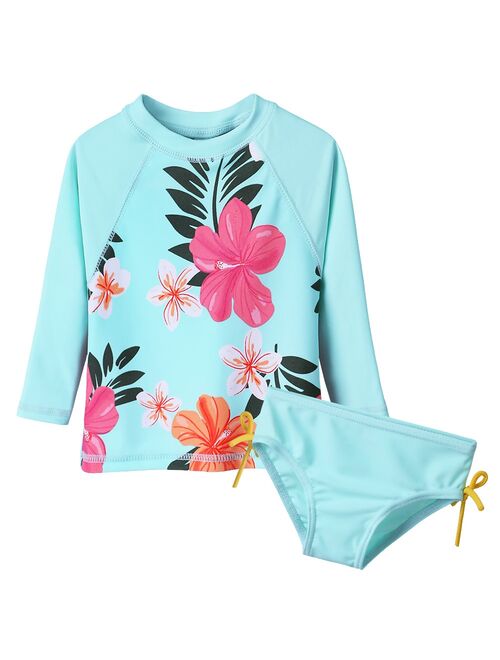 BAOHULU Floral Baby Girl Swimwear Long Sleeve Infant Bathing Suit Cyan UPF50+ Swimsuit for Toddler Girls Teens Children Swimwear