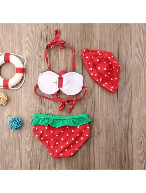 Baby Girl Strawberry Printed Ruffled Bikini Tankini Sets with Hat Kids Summer Beach Two Pieces Swimsuit Swimwear Bathing Suit